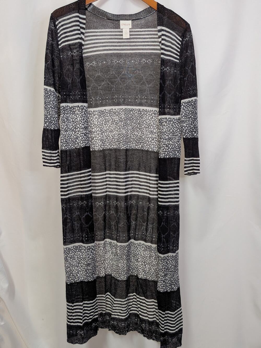 Chicos Black Monochrome Long Open Front Cardigan  Size M